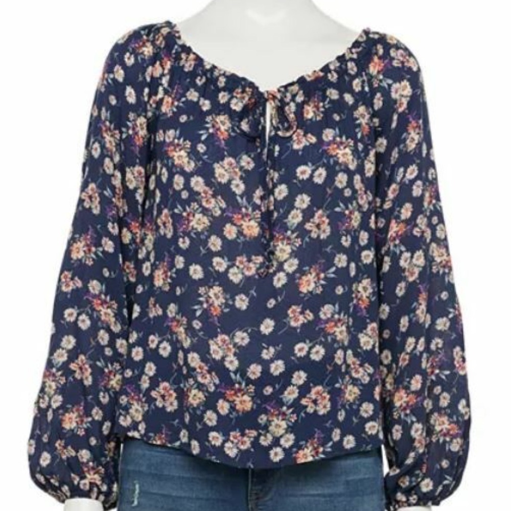Rewind floral print blue boho top split collar ties balloon sleeves Sz S